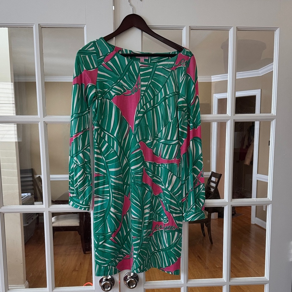Lilly Pulitzer Tropical Green and Pink Leaf Print Dress